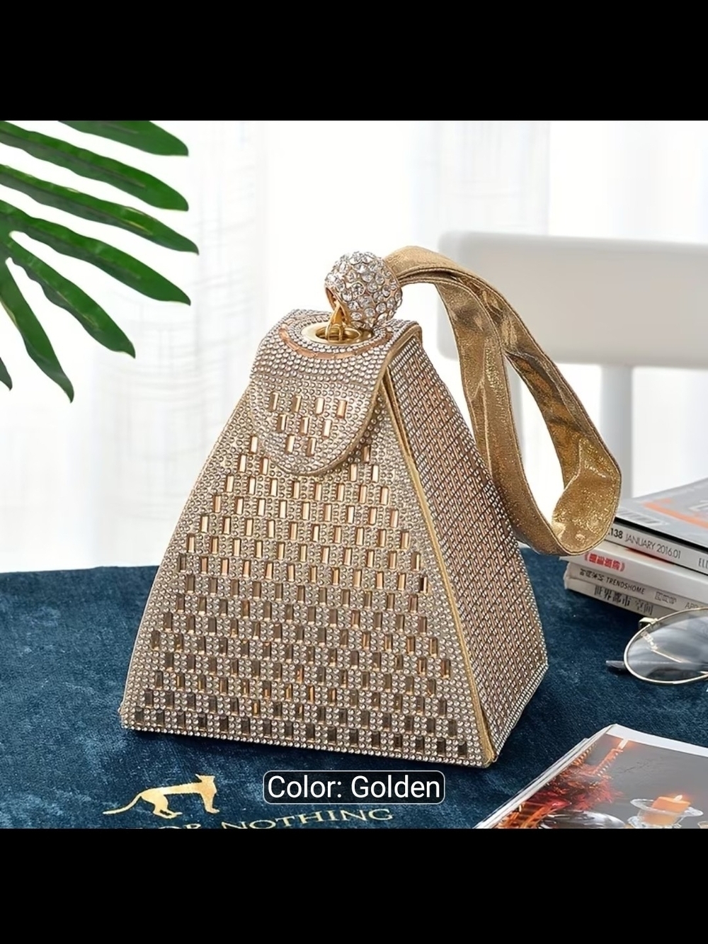 Golden Crystal Pyramid Evening Bag - Elegant Women's Clutch